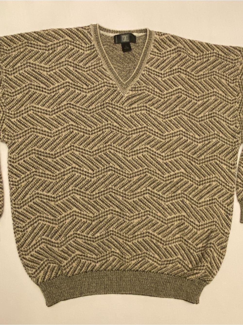 VintageTSR USA V-Neck Sweater XL herringbone brown tan old money pattern knit